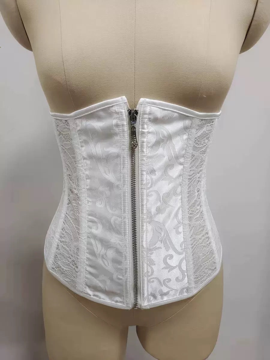 Jacquard&Lace White Bustier Corset Open Bust 